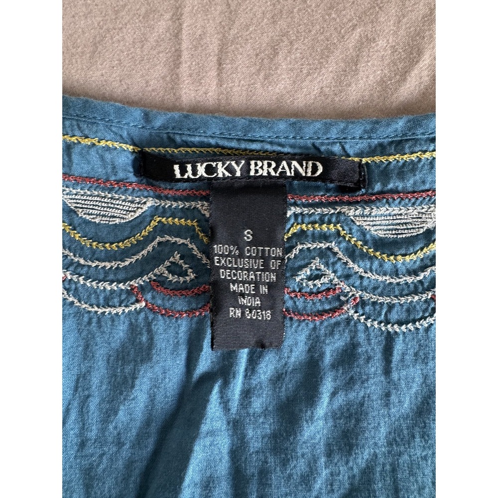 Lucky Brand Shirt Womens Small Blue Embroidered Scallop Boho‎ Tunic Long Sleeve - Picture 3 of 12